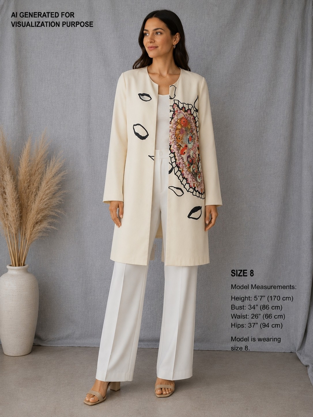 Cynthia Rowley Silk Cream Open-Front Collarless Duster with Black Graphic Accent